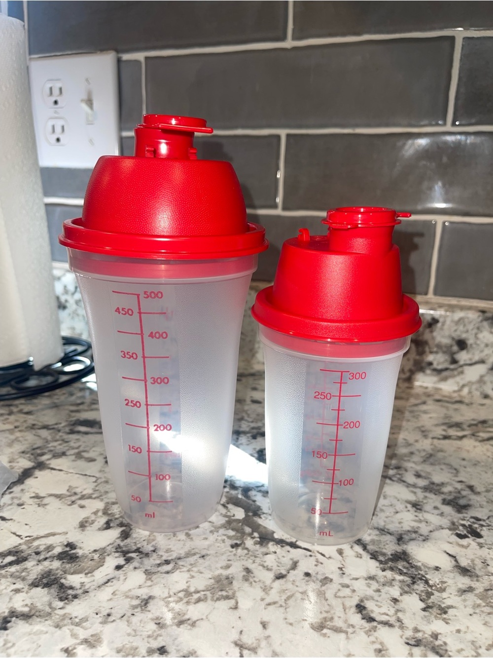 Tupperware Clear Classic Quick Shake with Red Flip Lids, Set of 2